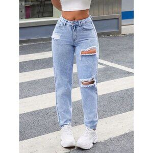 Ripped Light Wash Straight Tapered Leg Mom Jeans Mid Rise
